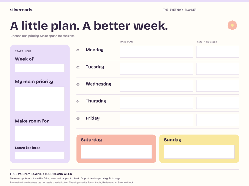 The free weekly planner: a priority panel, weekday planning fields and colourful weekend boxes.