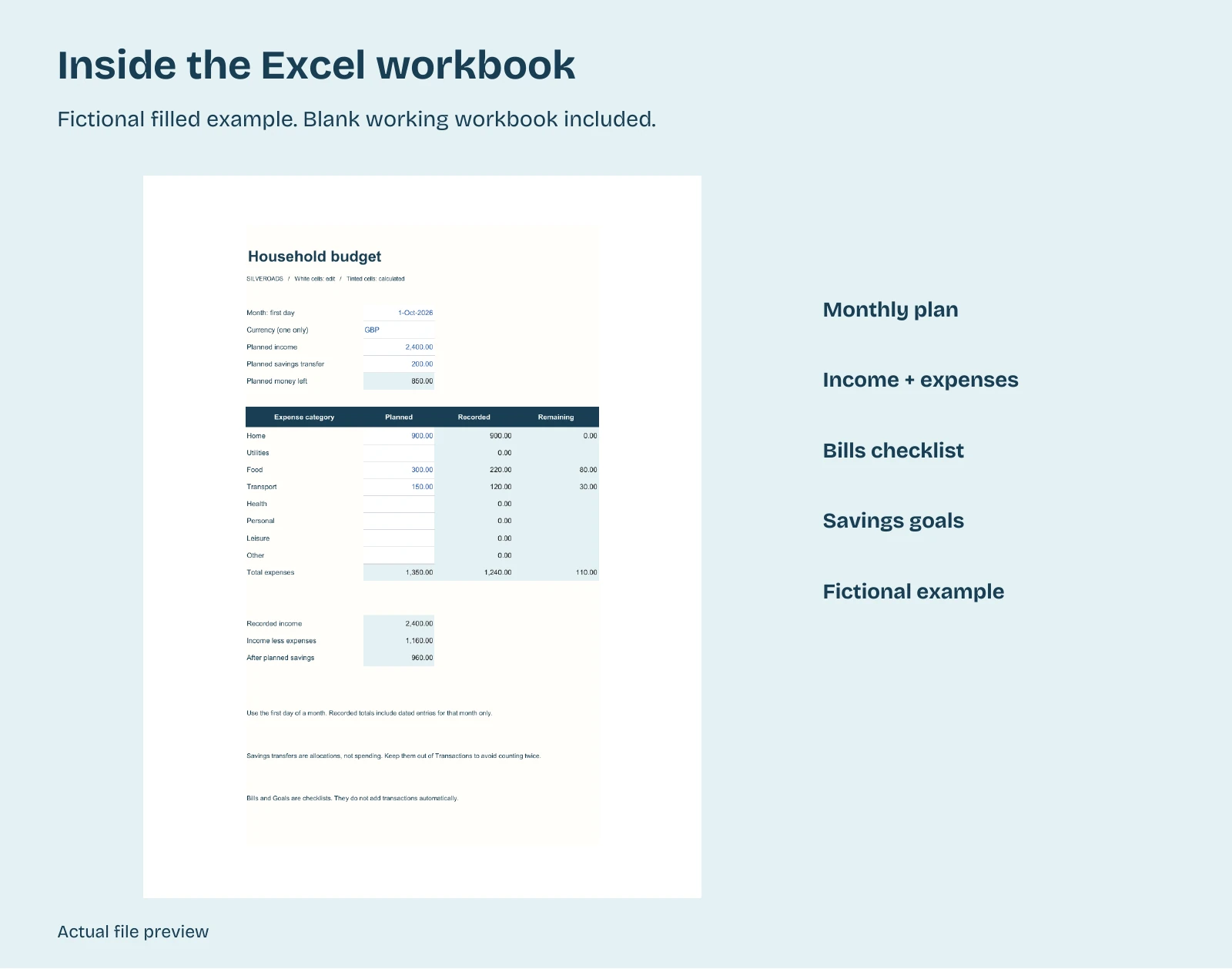 Household budget planner - actual file preview - workbook