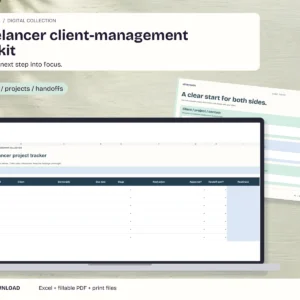 Freelancer client-management toolkit - actual included files in a styled digital-download mockup