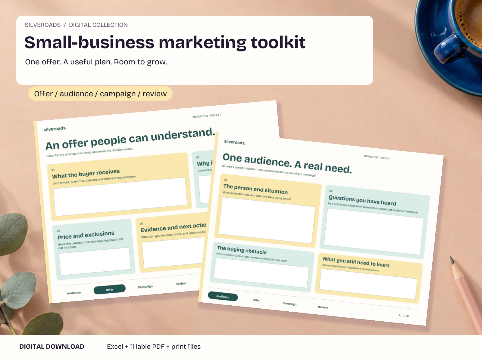 Small-business marketing toolkit - actual included files in a styled digital-download mockup