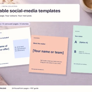 Editable social-media template pack - actual included files in a styled digital-download mockup