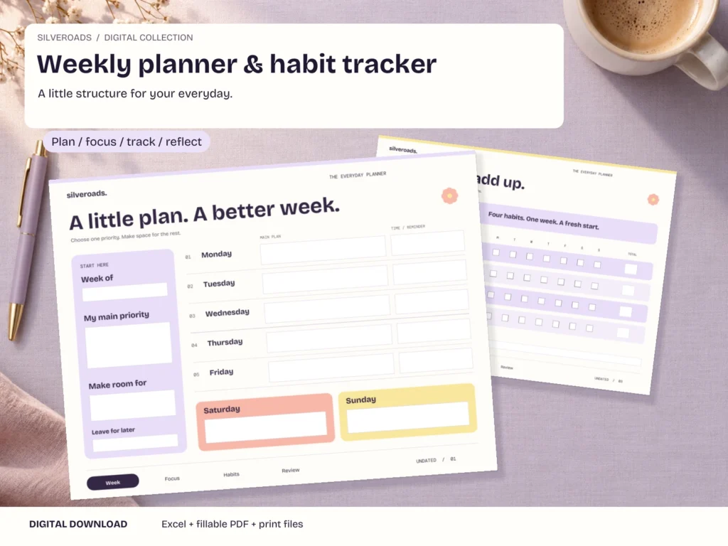 Weekly planner and habit tracker - actual file preview