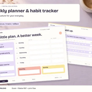 Weekly planner and habit tracker - actual included files in a styled digital-download mockup